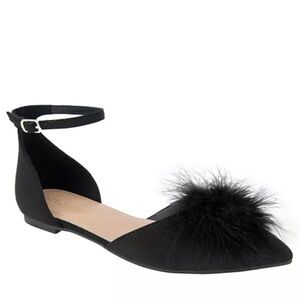 BCBG Kassia Faux Feather Black Pointed Ballet Flats with Ankle Straps
